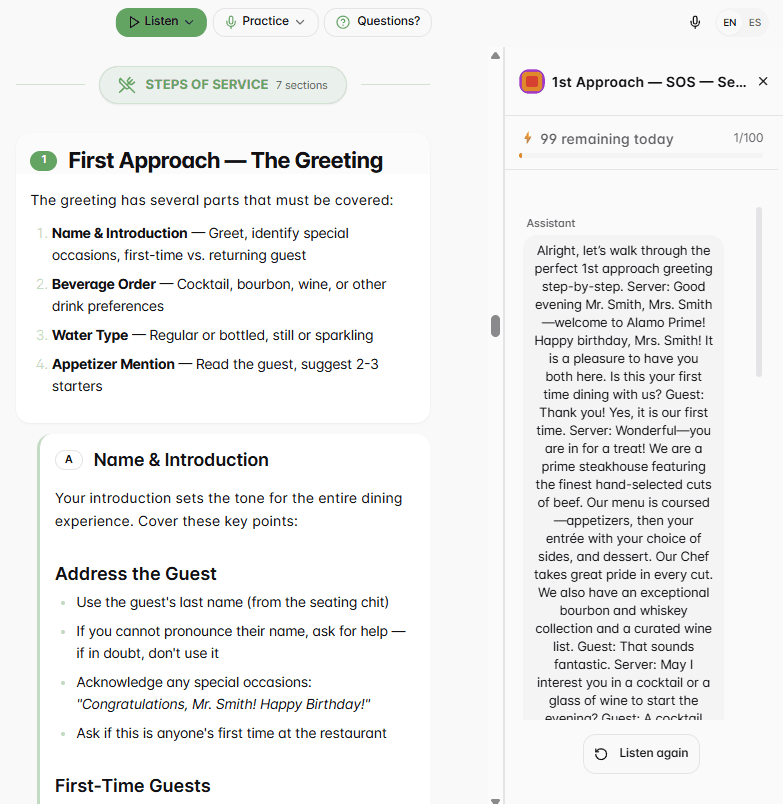 AI-powered training, Steps of Service with live AI conversation evaluation